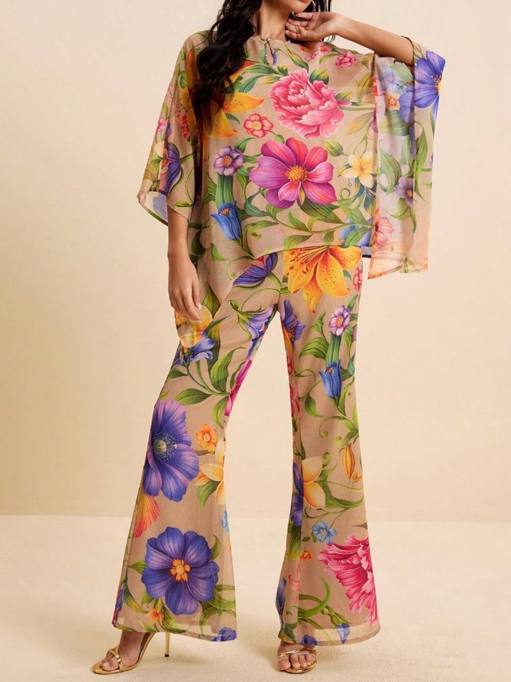 Khaki Boho Women's Tropical Floral Printed Blouse and Pants 2-Piece Set - Picture 5 of 9